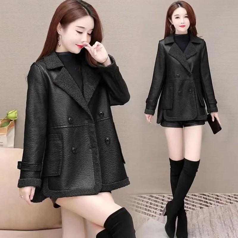 2024 Women Leather Jacket Autumn Winter Short Double Sided Wear Leather Coat 4XL Female Add Velvet Warm Lamb Wool PU Overcoat