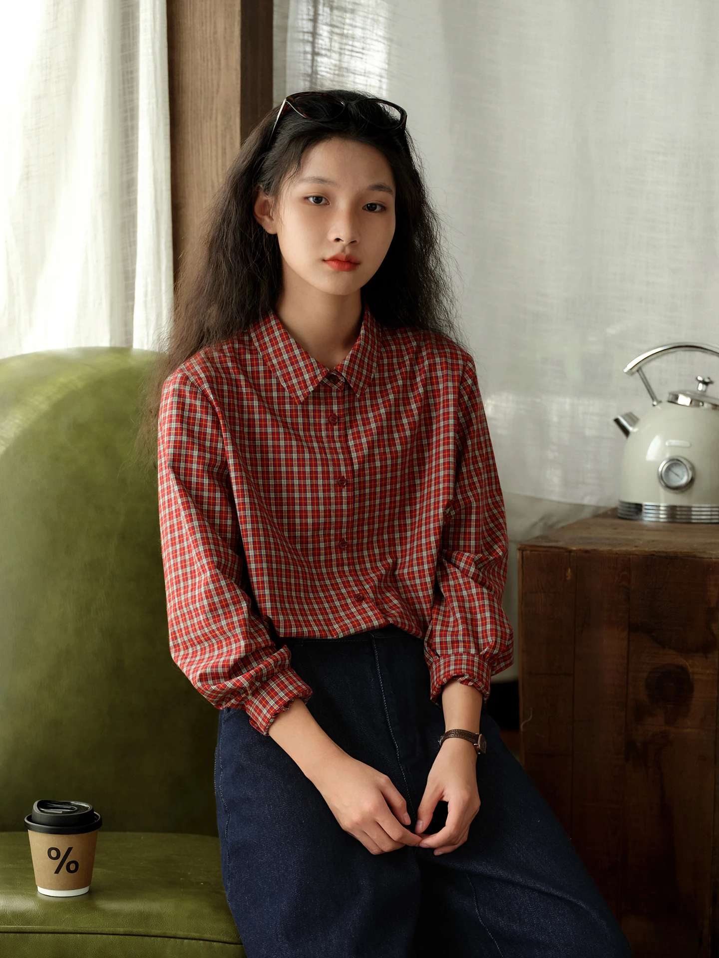Original Pure Cotton Plaid Shirt Women's Loose Long Sleeve Commute Shirt Autumn Season Vintage Style Button up Top
