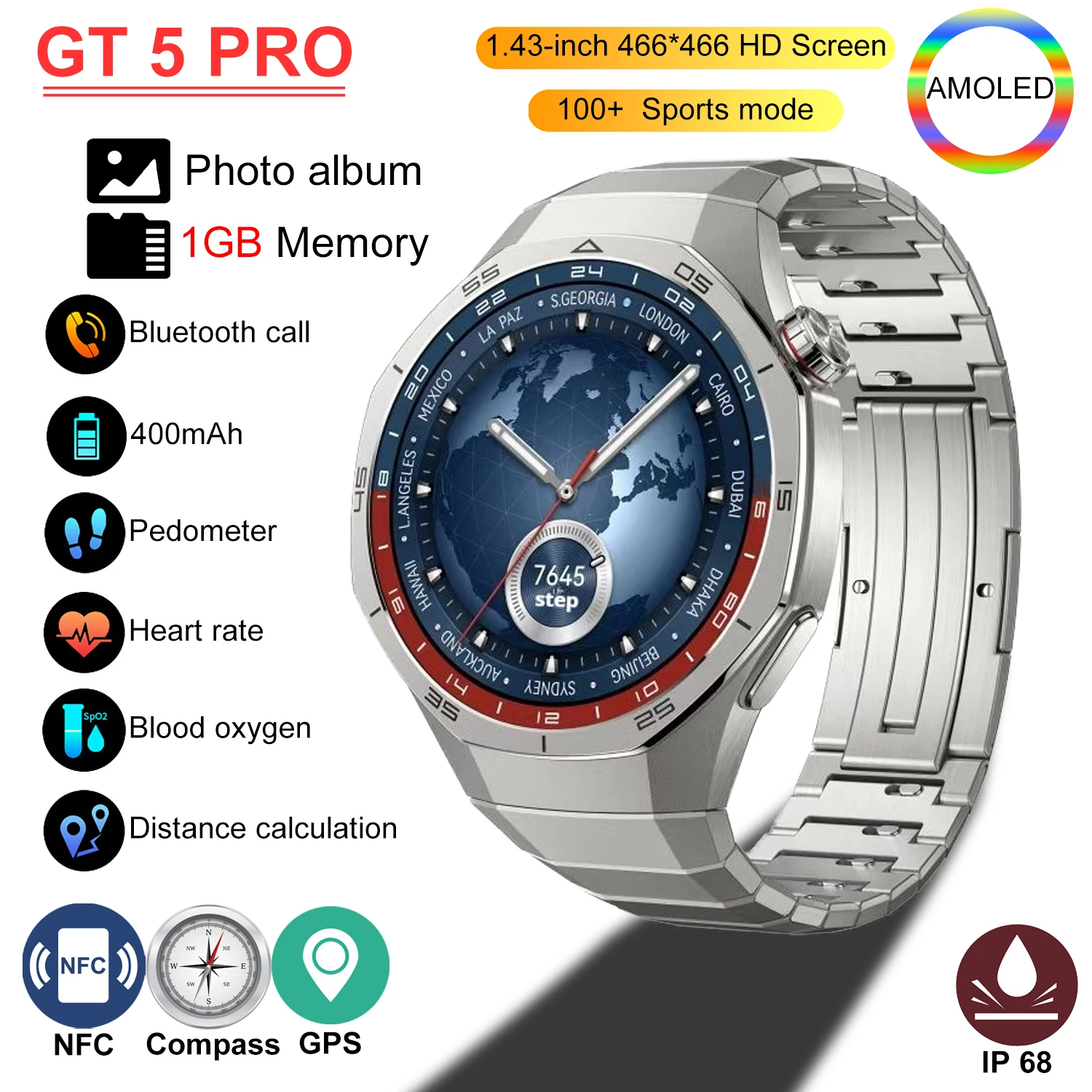 New GT5 Pro Smart Watch 1GB Memory 1.43-inch 466*466 HD AMOLED Screen GPS Tracker NFC BT Call Health SmartWatch Men Women 2025