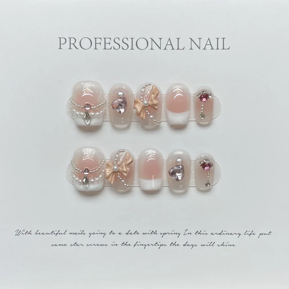 

Handmade Short Press on Nails with Bow Design Reusable Adhesive Cutre Japanese False Nails Artifical Nail Tips Nail Art for Girl