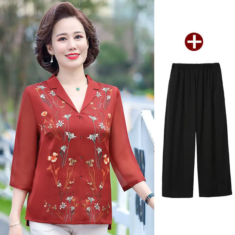 Middle-Aged Elderly Mother Suits Summer 3/4 Sleeve Lapel Shirt Pant Sets Printed Women 2 Piece Outfits Fashion Ensemble Femme