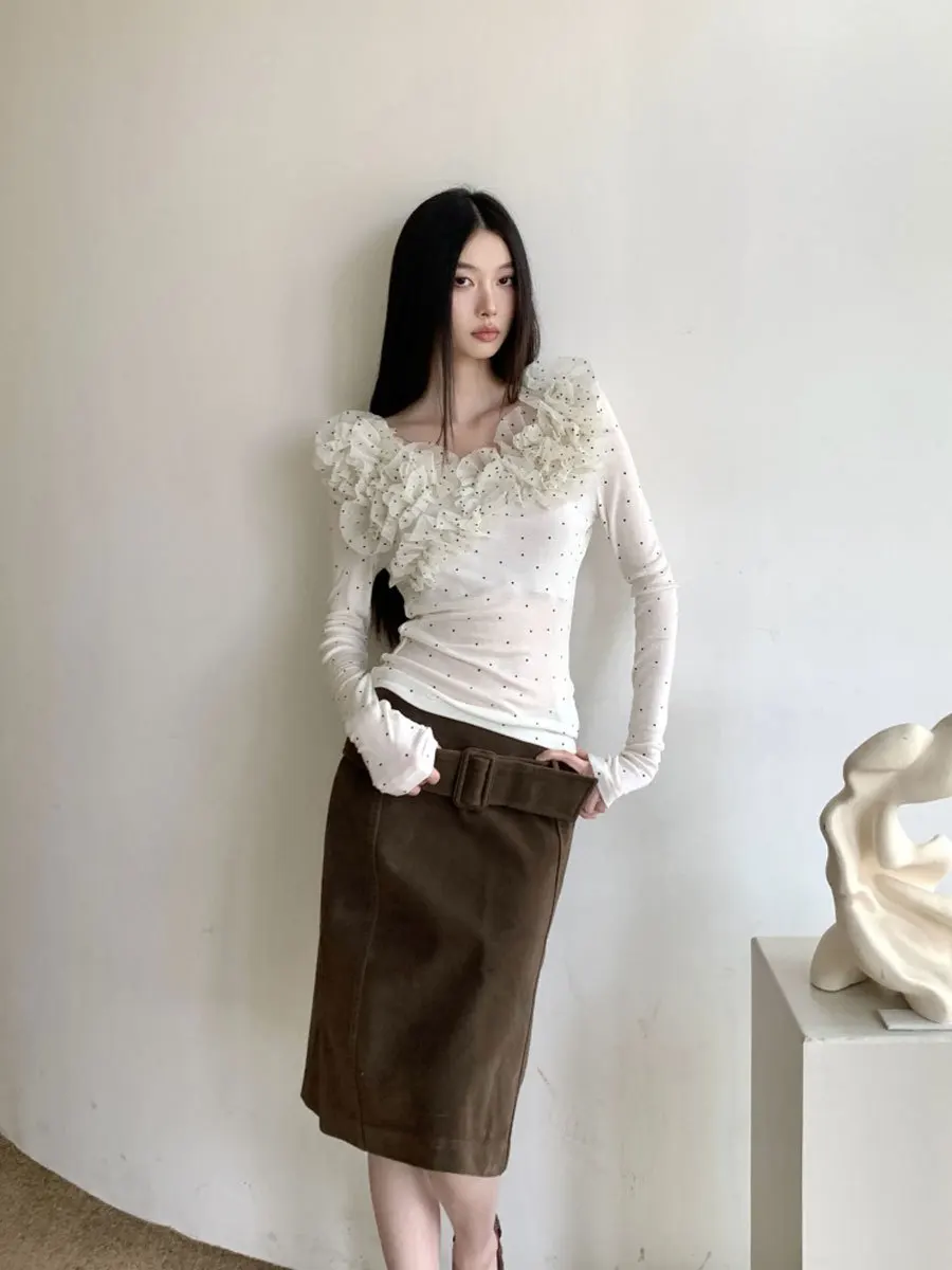 Women's White Polka Dot Long Sleeve T-shirt 3d Floral Appliques Ruffle Trim Tee Stretch Slim-fit Chic Versatile Layering Tops