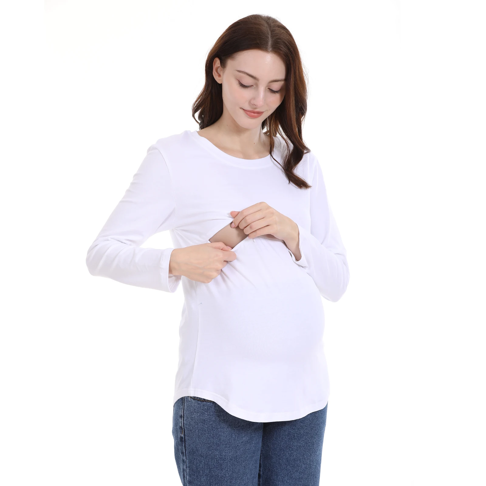 

Plus Size Maternity Clothes Tshirt Crew Neck Long Sleeve Breastfeeding Tops Horizontal Zipper Nursing T Shirts Spring Autumn