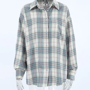 MUMAROHO 2024 Women's Fall Winter Long Sleeve Blue Checker Vintage Shirt Oversized Loose Adjustment Blouse for Woman 8 Main Sales Blue Shirt - №6