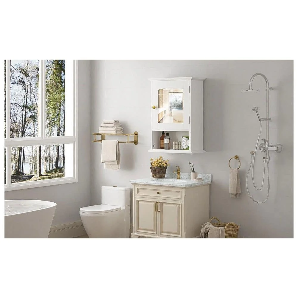 خزانة حائط مع مرآة، خزائن طبية خشبية مع باب، رف قابل للتعديل، 19.8 بوصة. ح، تخزين الحمام الأبيض