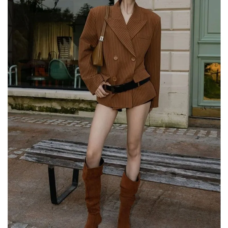 韓国風ストライプカジュアルスーツジャケット、ルーズフィット、ダブルブレスト、ウエスト（タイウエスト）、レトロ、通勤に適したトップス
