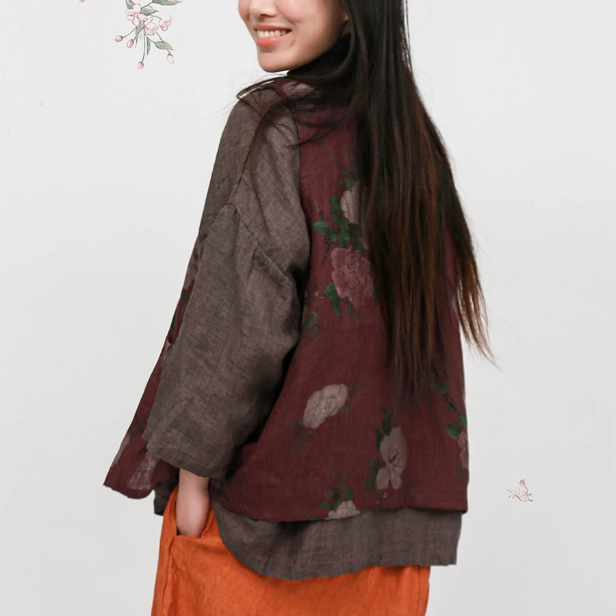 LZJN Spring and Autumn New Chinese-Style Single-Layer Linen Printed Loose Vest with Vintage Toggle Buttons and Distressed Design