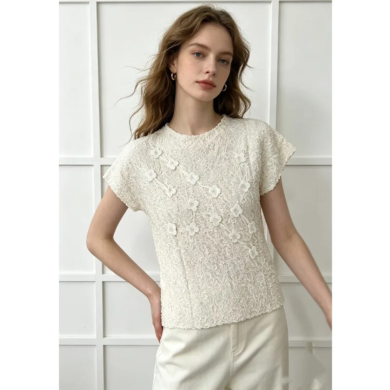 High-End Pleated Short Sleeve T-Shirt Women's Heavy-Work Hand-Nipped Pleat 3D Pressed Flower Loose Summer Pure Color High-Ela...