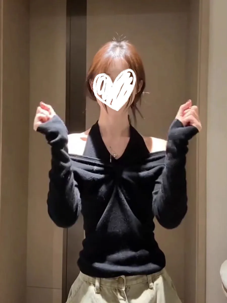 

Elegant Knitted Top Women's Fashionable Twist Knot Neck Design Long Sleeve Base Shirt Korean Style Slim Fit V-neck Regular Le...