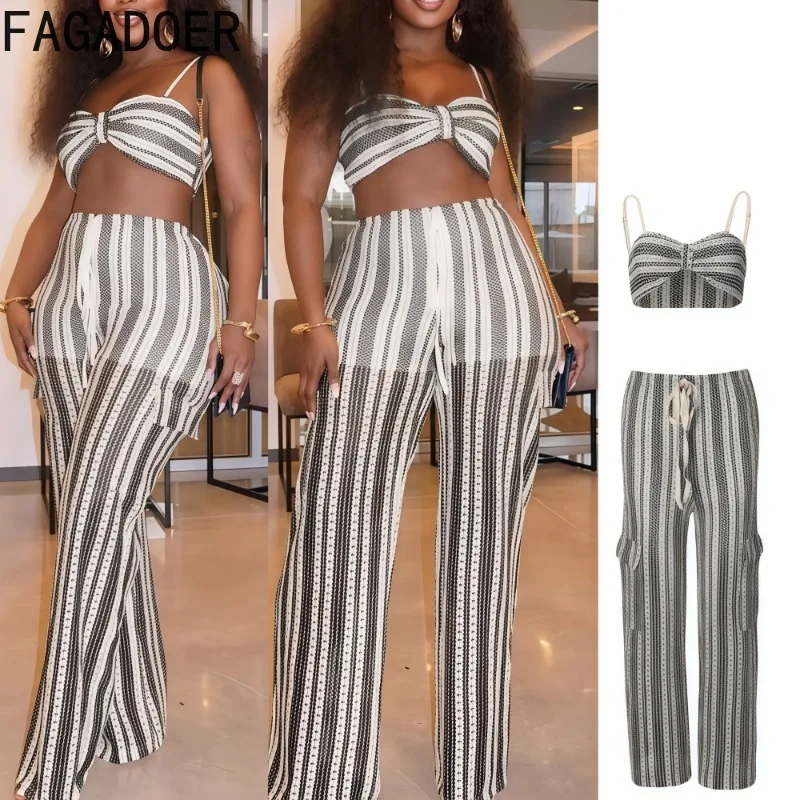 

FAGADOER Fashion Stripe Patchwork 2 Piece Sets Woman Outfit Spaghetti Strap Crop Top and Wide Leg Pants Female Streetwear Summer