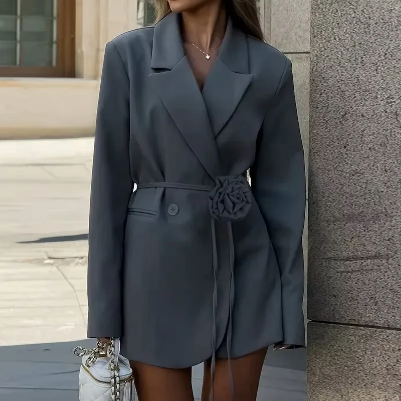 TARUXY Fashion Flower Belt Blazers Office Women's Loose With Pockets Long Sleeve Coat Solid Color Casual Blazers 2025 Spring New