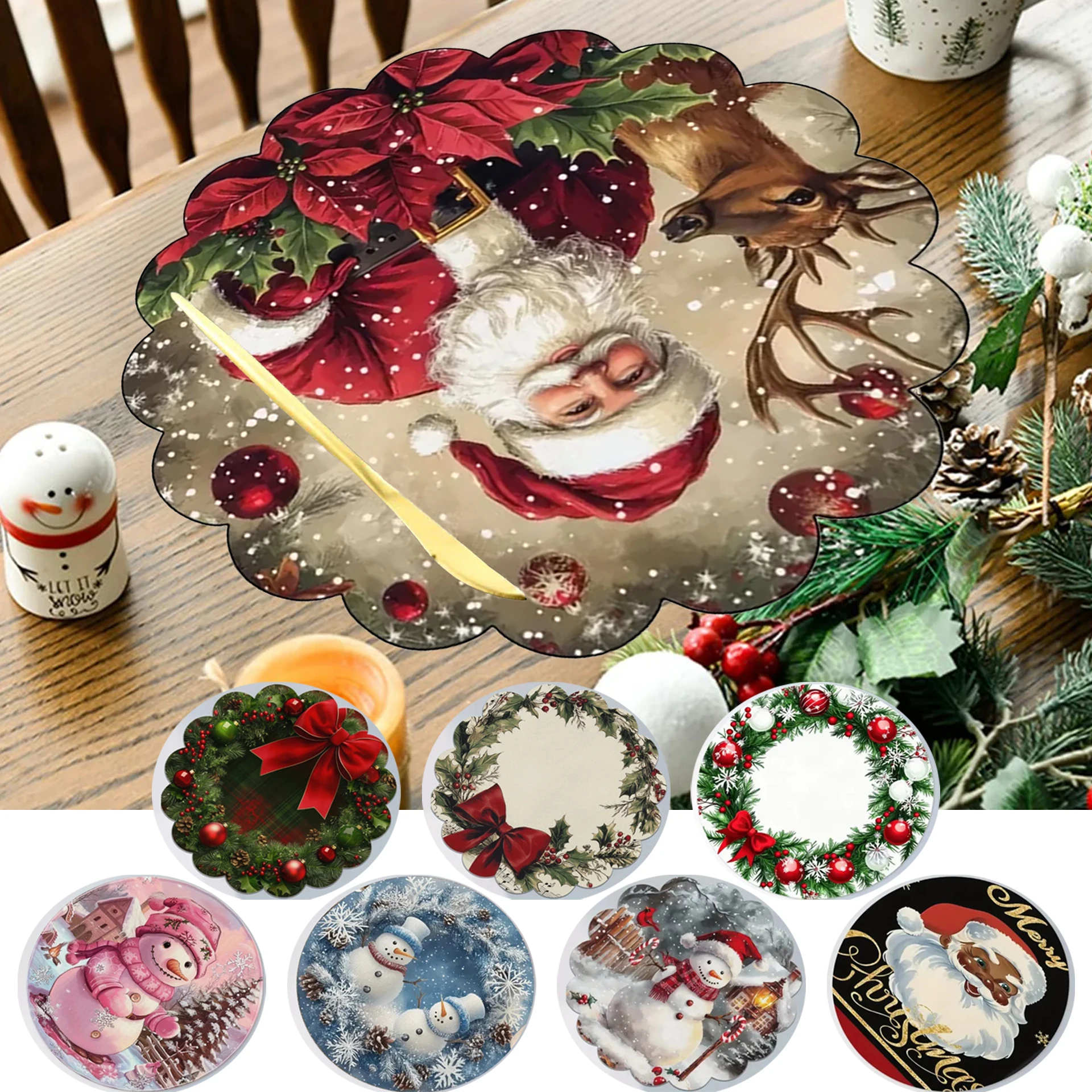 

38x38cm Christmas Placemat for Table Red Snow House Print Cozy Kitchen Mat Washable Polyester for Family Dining Table Decoration
