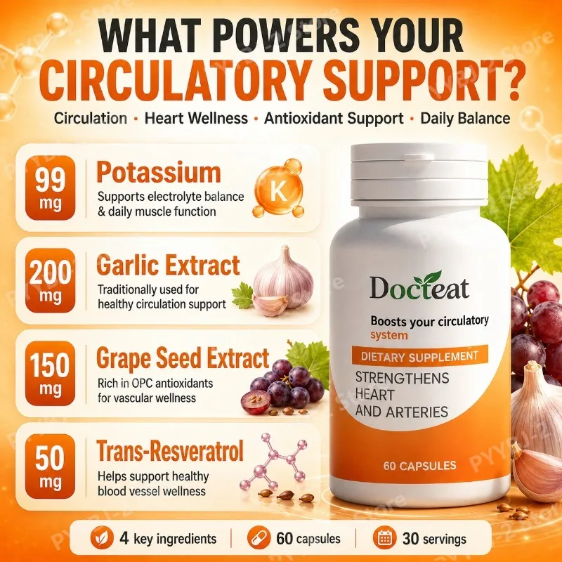 Blood Circulatory Support Capsules 60 Count Enhance Energy & Combat Fatigue — Garlic,Grape Seed Extract and Trans-Resveratrol