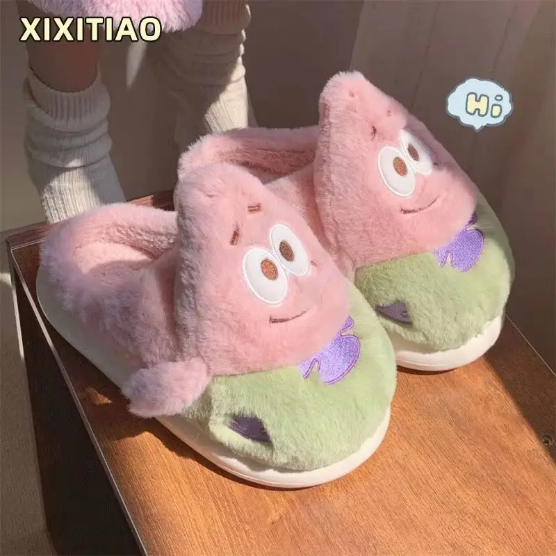 Anime Cartoon Couples New Spongebob Kawaii Slippers Plush Keep Warm Home Winter Soft Bottom Cute Shoes Men Women Lovers Shoes