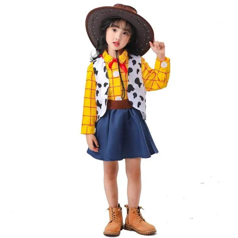 Kostium kowbojski dla dziewczynek na Halloween, przebranie Sheriffa Woody'ego, strój do tańca, strój rodzinny, wzór kwiatowy, materiał PU