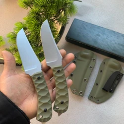 G10 Fiber Handle Outdoor Small Straight Knife, D2 Steel Green Back Clip K Sheath Portable Outdoor Survival Knife