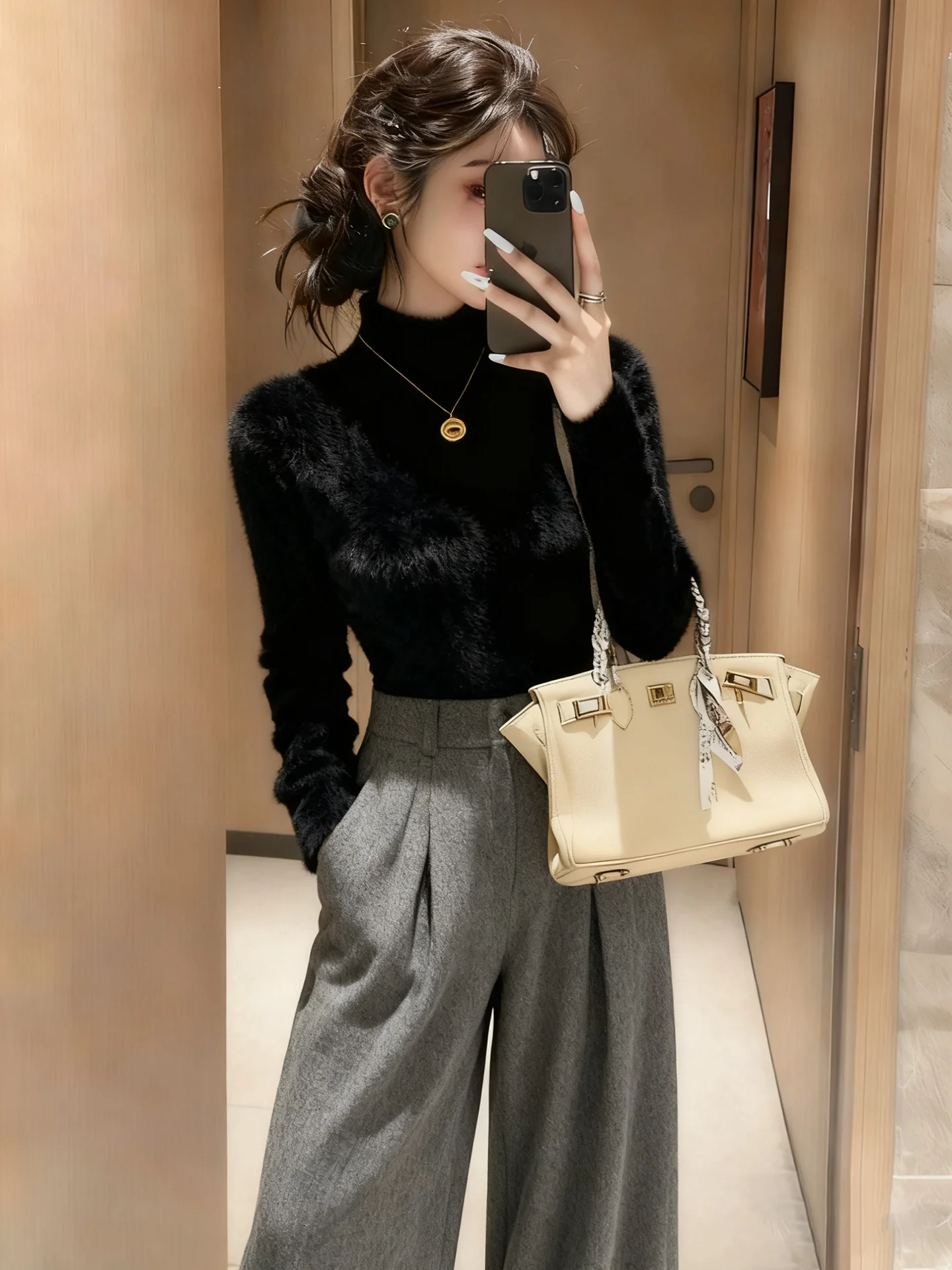 

Ele Bla High Collar Camere Slim Fit Knitted Sweater Base irt Women Autumn Winter Faux Mink Velvet Warm Thi Top