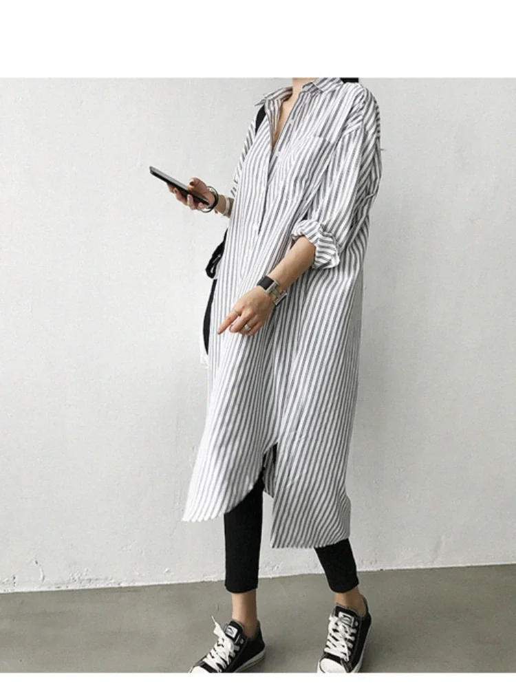 JMPRS Fashion Mid-length Striped Shirt Skirt Women Spring Casual Button Up Long blouse Female Korean Lazy Style  Blusas Mujer