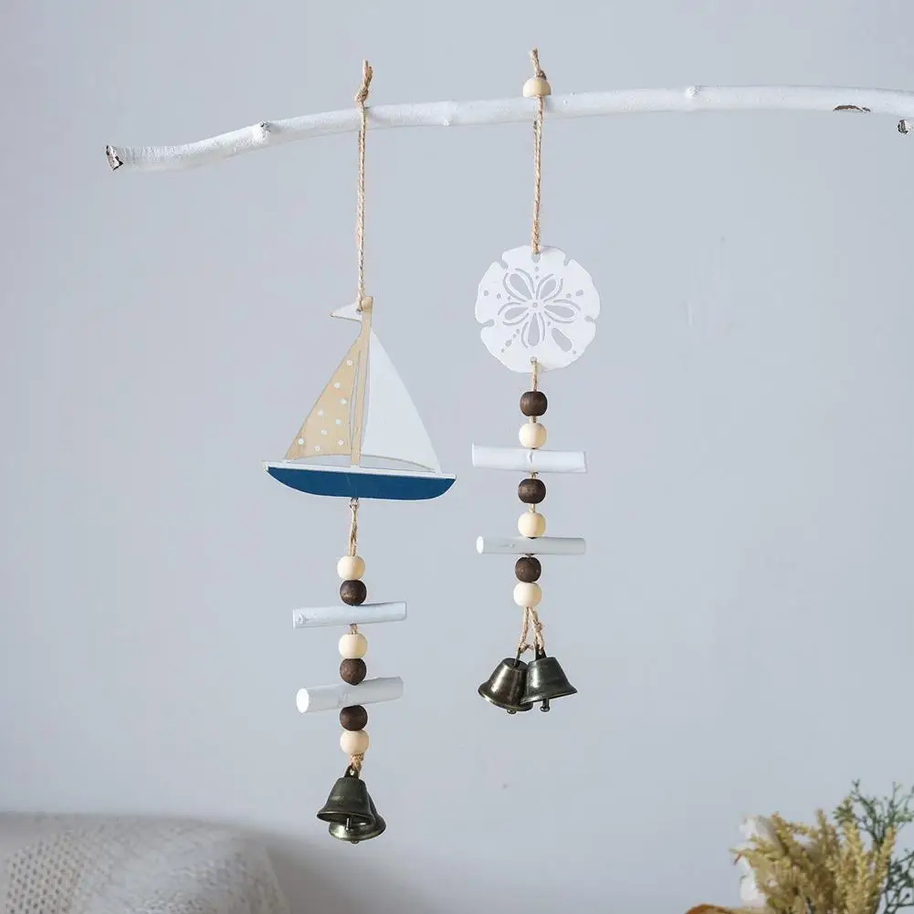 Indoor Hanging Decoration Beach Ocean Hanging Ornament Beach Ocean Starfish Hanging Decoration with Bell Rustic Wooden Sailboat