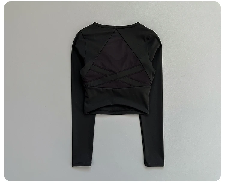 Women Deep V Mesh Back Cutout Crop Long Sleeve Yoga Top Slim Quick Dry Breathable Running Fitness Sports Tee