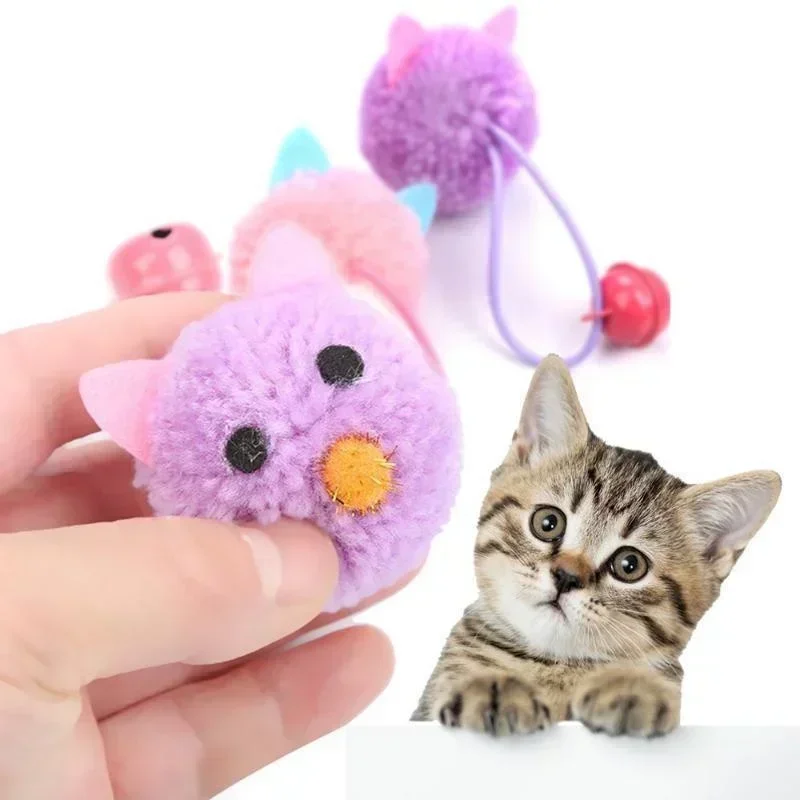 Cat Toy Plush Mouse Head Shaped Bell Interactive Toy Funny Colorful Cat Plush Toy