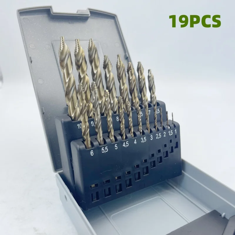hssチタン製ドリルビット-1‑10mm-19本セット、ステップチップツイストドリルビットセット、木工、金属、pvc穴あけ用整理ケース付き