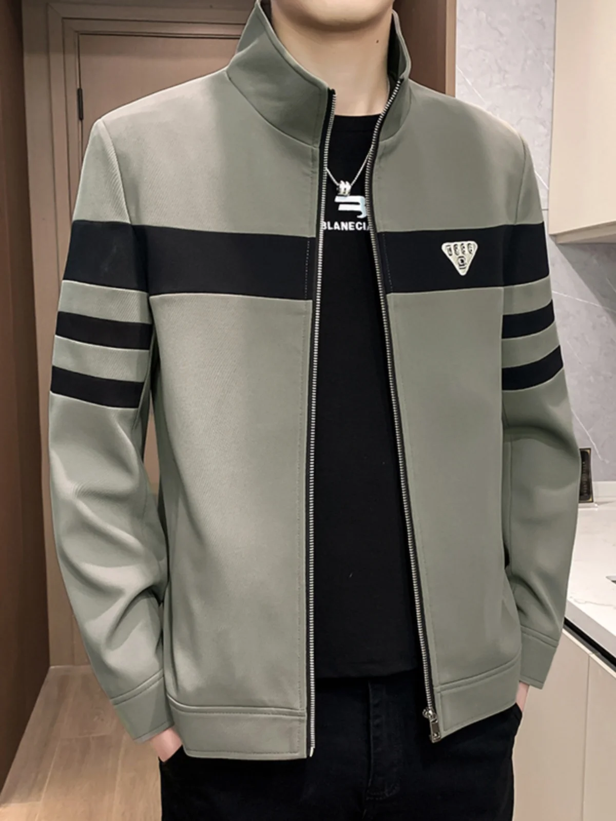 

New Casual Color Blo Jaet Lightweight Stand Collar Slim Fit Korean Sle Polyester Nylon Cosite Fiber Spring Autumn Ou...