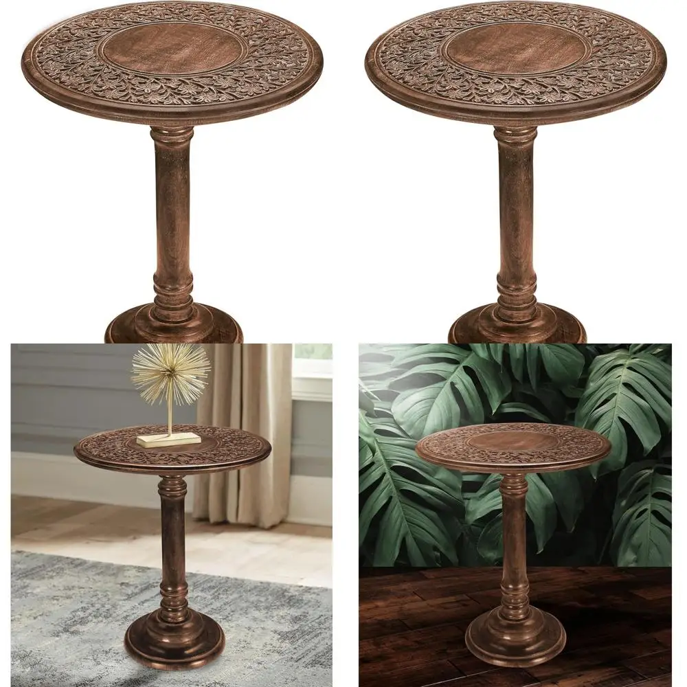 

Burnt 18x22 Wooden Side Table for Living Room - Single Pillar Carved Accent Table, Ideal for Books, Plants, Magazines in Small S