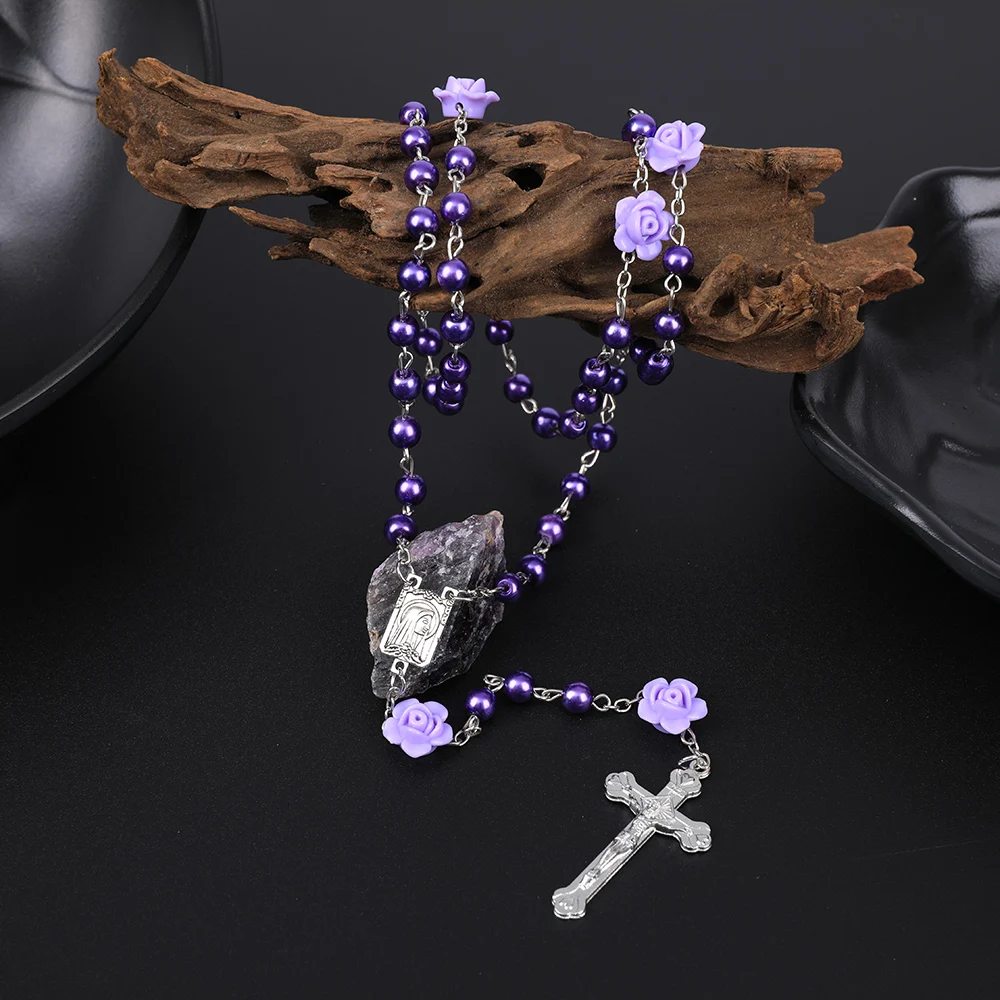 Religion Rosary Necklace For Women 6MM Imitation Pearl Long Chain Virgin Mary Jesus Cross Pendant Men Christian Prayer Jewelry