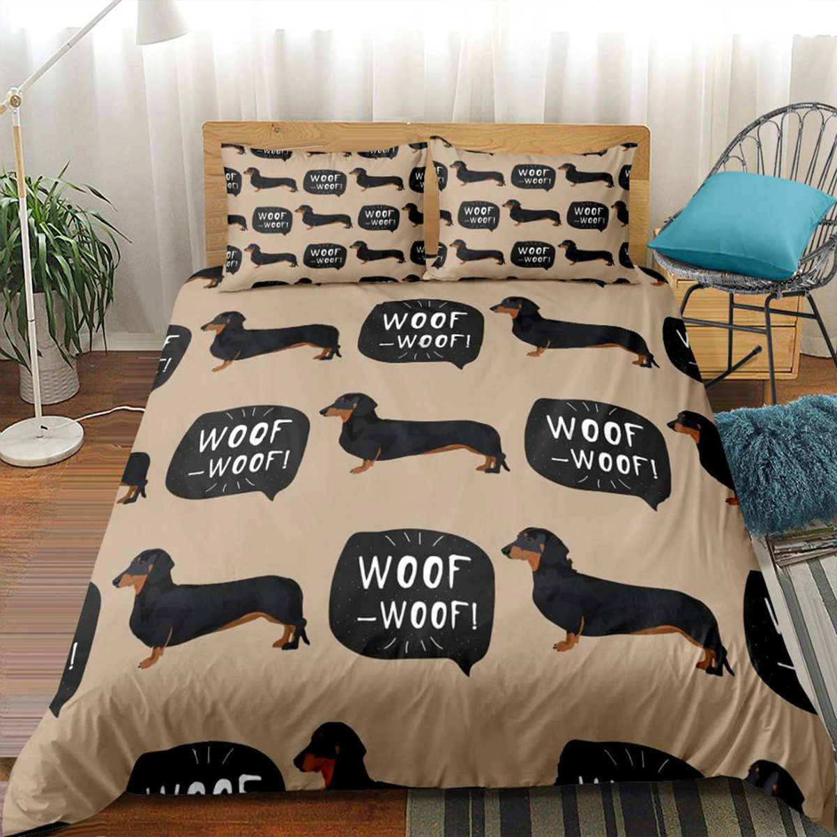 Cartoon Pet Bedding Set Dachshund Sausage Dog Duvet Cover Set Cute Kids Teen Quilt Cover Taupe Bed Cover Dog Home Textile