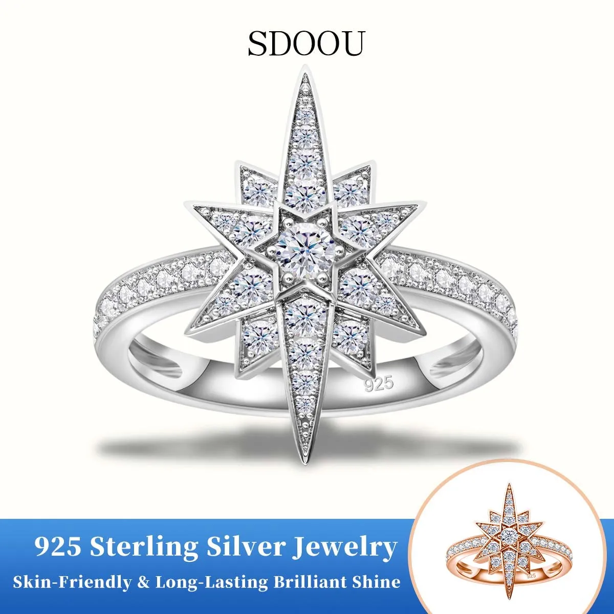 

Luxury 925 Sterling Silver Ring 3MM Moissanite Wedding Star Point Ring D Color VVS Anniversary Valentine's Day Jewelry for Women