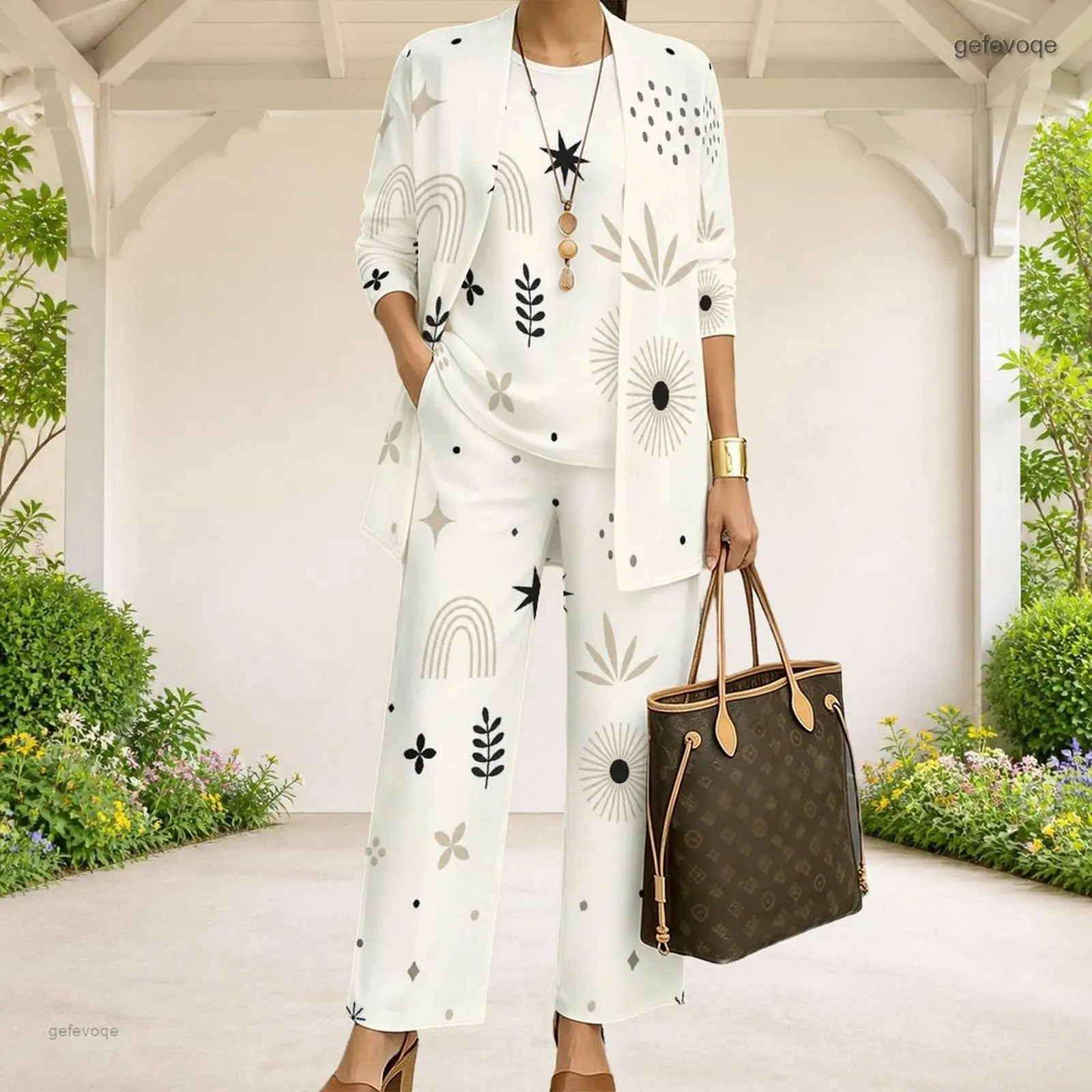 Women Abstract Geometric Printed 3 Piece Pants Set, Long Sleeve Open Cardigan with Top and Long Pants