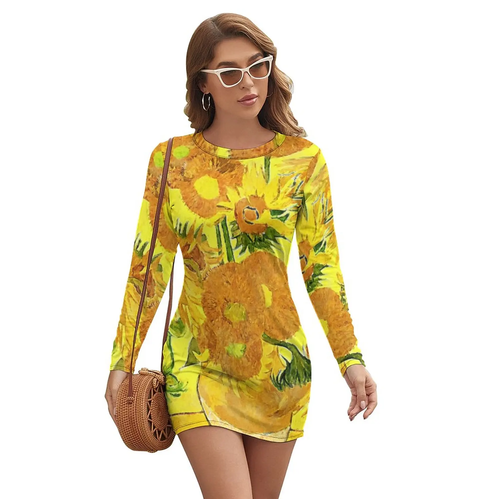 Van Gogh Bodycon Dress Holiday Vase with Sunflowers Vintage Dresses Women Long Sleeve Printed Aesthetic Dress Big Size