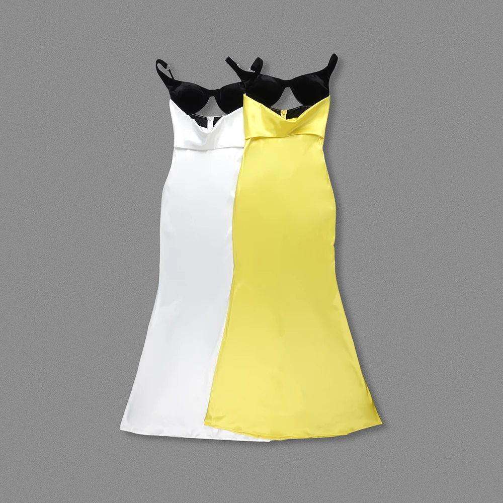 PB Sexy Satin Slip Long Dress with Contrasting Bustier Detail Yellow And White Sleeveless Backless Slit Mermaid Women Gowns