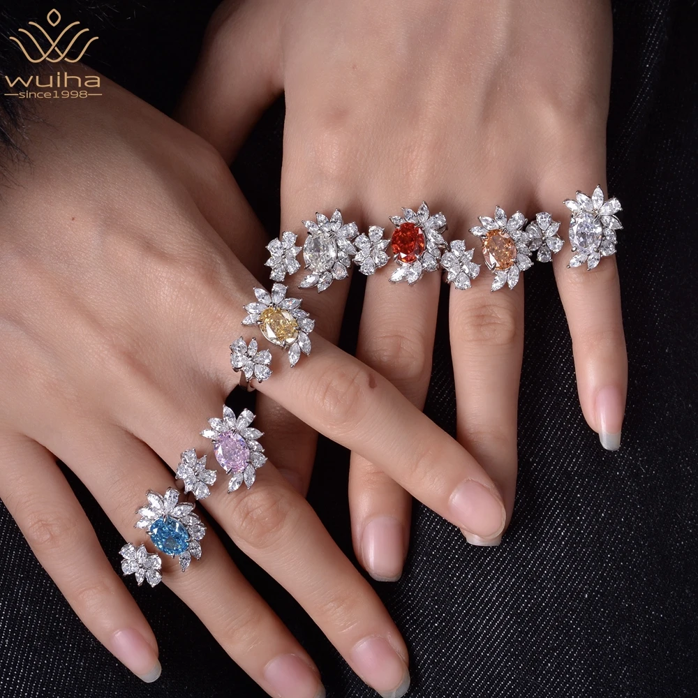 

WUIHA 925 Sterling Silver Oval 7*9MM VVS Colorful Flower Gemstone Sapphire Created Moissanite Rings for Women Gift Drop Shipping