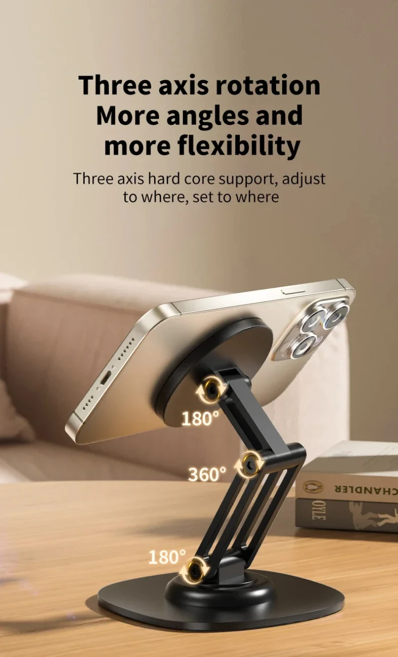 360-Grad-Drehung, Aluminiumlegierung, faltbar, magnetisch, Desktop-Telefonständer, Schreibtisch, fauler Halter für Magsafe iPhone 16, 15, 14, 13, 12 Pro Max – Detail 12
