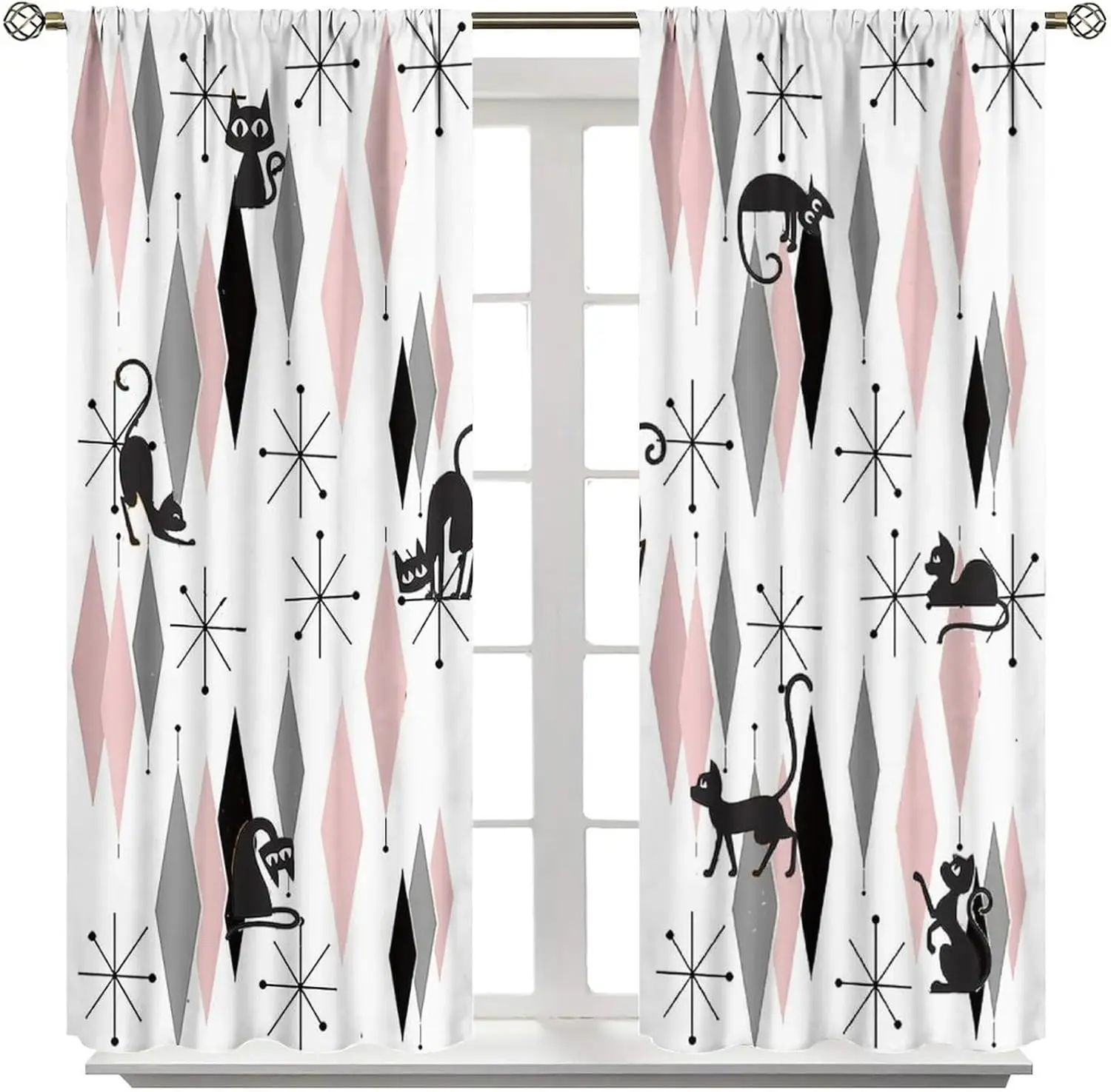 Cute Black Cat Print Curtains Geometric Modern Window Drapes Pink Grey Abstract Cat Lover Living Room Decor 2pcs Pair