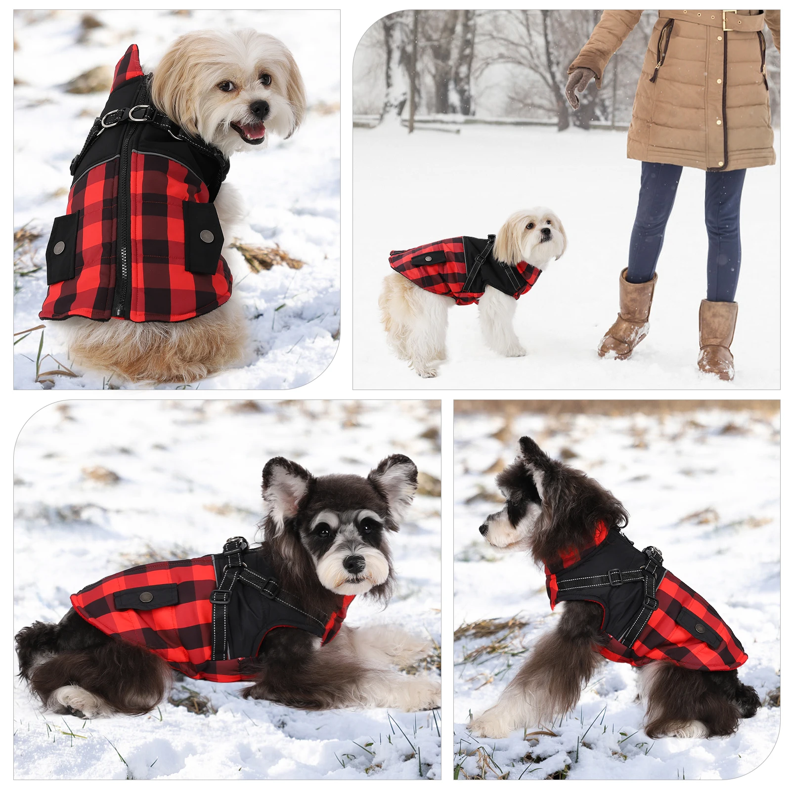 Checker Zipper Winter Dog Clothes Outdoor Cold Proof Warm Dog Jacket With Harness Chihuahua French Bulldog Puppy Clothing Coat