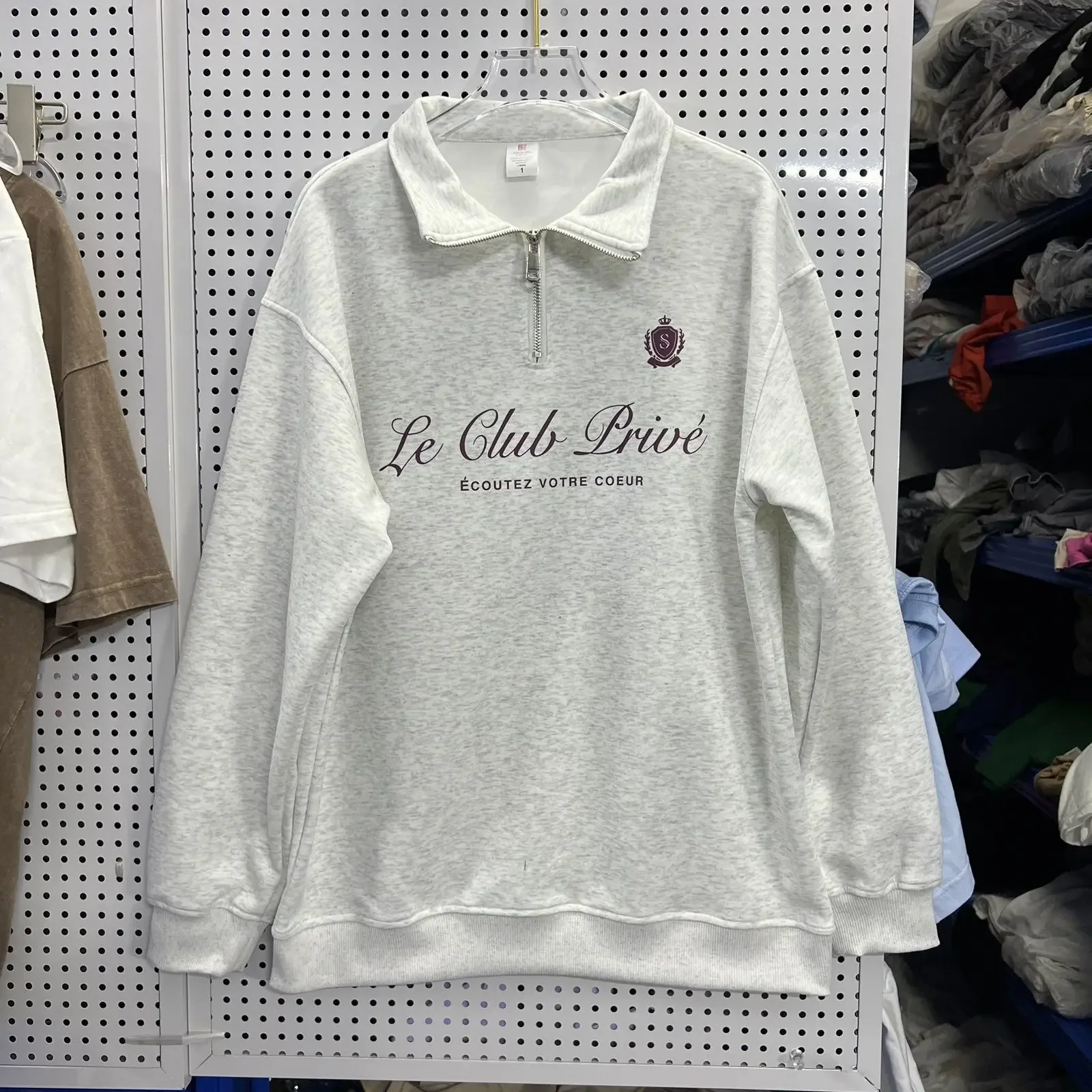 Damskie bluzy w stylu vintage francuskich marek, z zamkiem błyskawicznym, kołnierzykiem, biało-szare, z nadrukiem liter, duże rozmiary, oversize, codzienne topy.