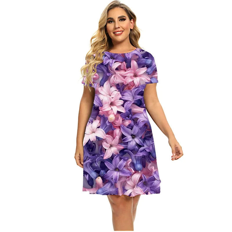 3D Rosa Rose Floral Print Kleider Frauen 2023 Mode Sommer Blume Thema Kurzarm Kleid Streetwear Lose Plus Größe Kleidung