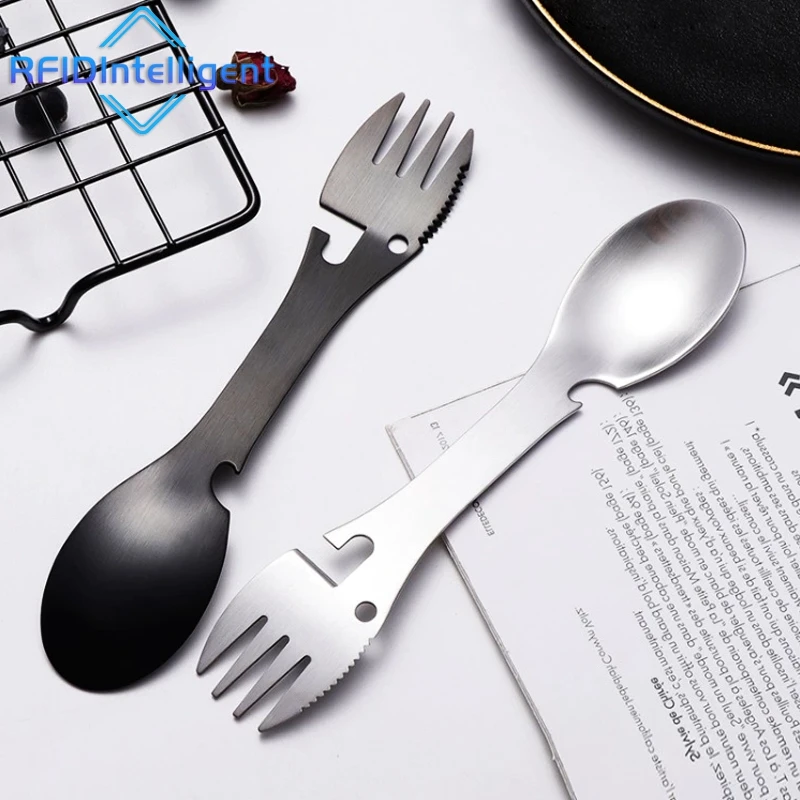 Multi-functional Camping Spork Stainless Steel Spoon Fork Knife Bottle Opener for Outdoor Hiking Survival Supplies