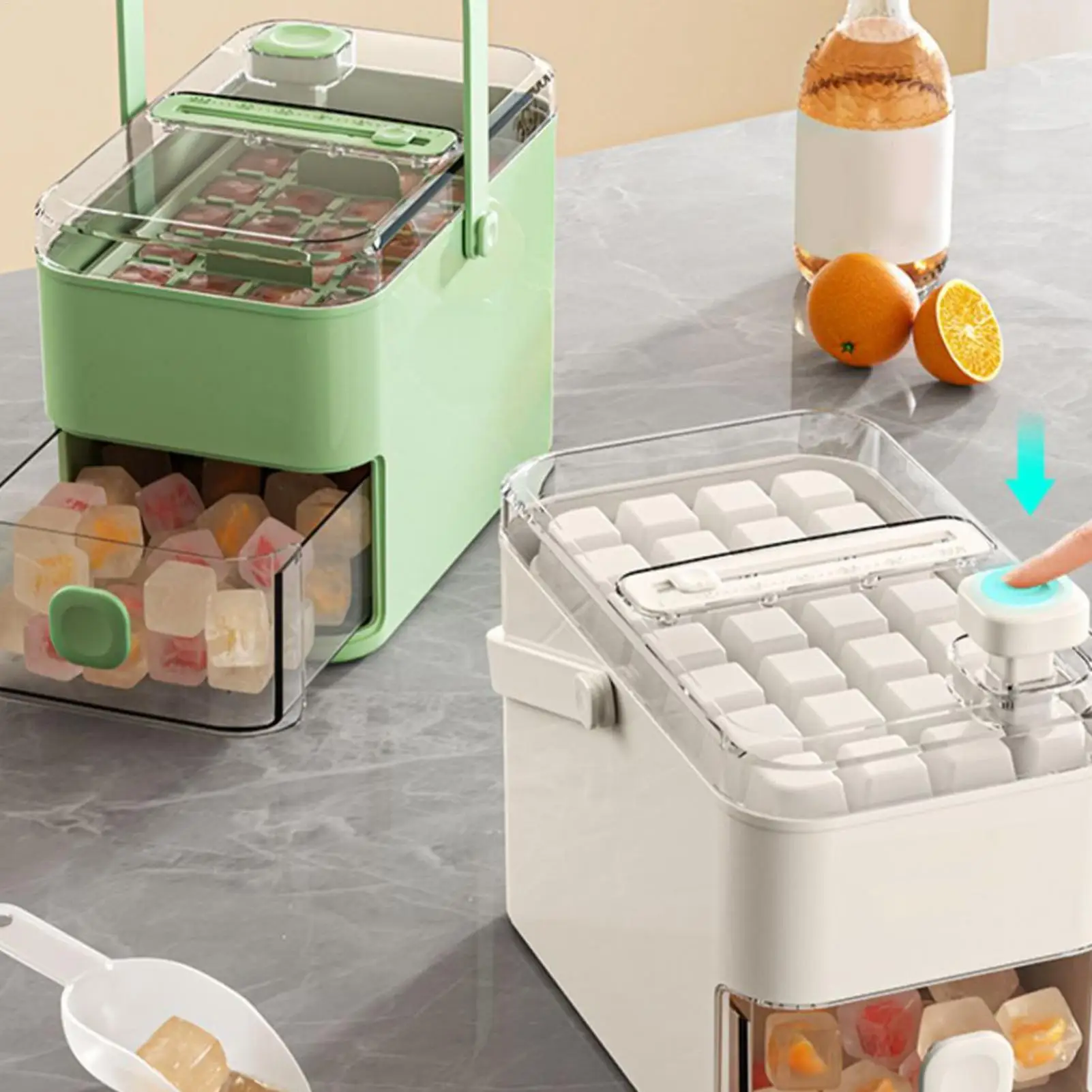 Ice Tray with Box 56-Cavity Reusable Double-Layer Press Lid Portable Ice Maker Stackable Storage Bin for Whiskey Cocktail Coffee