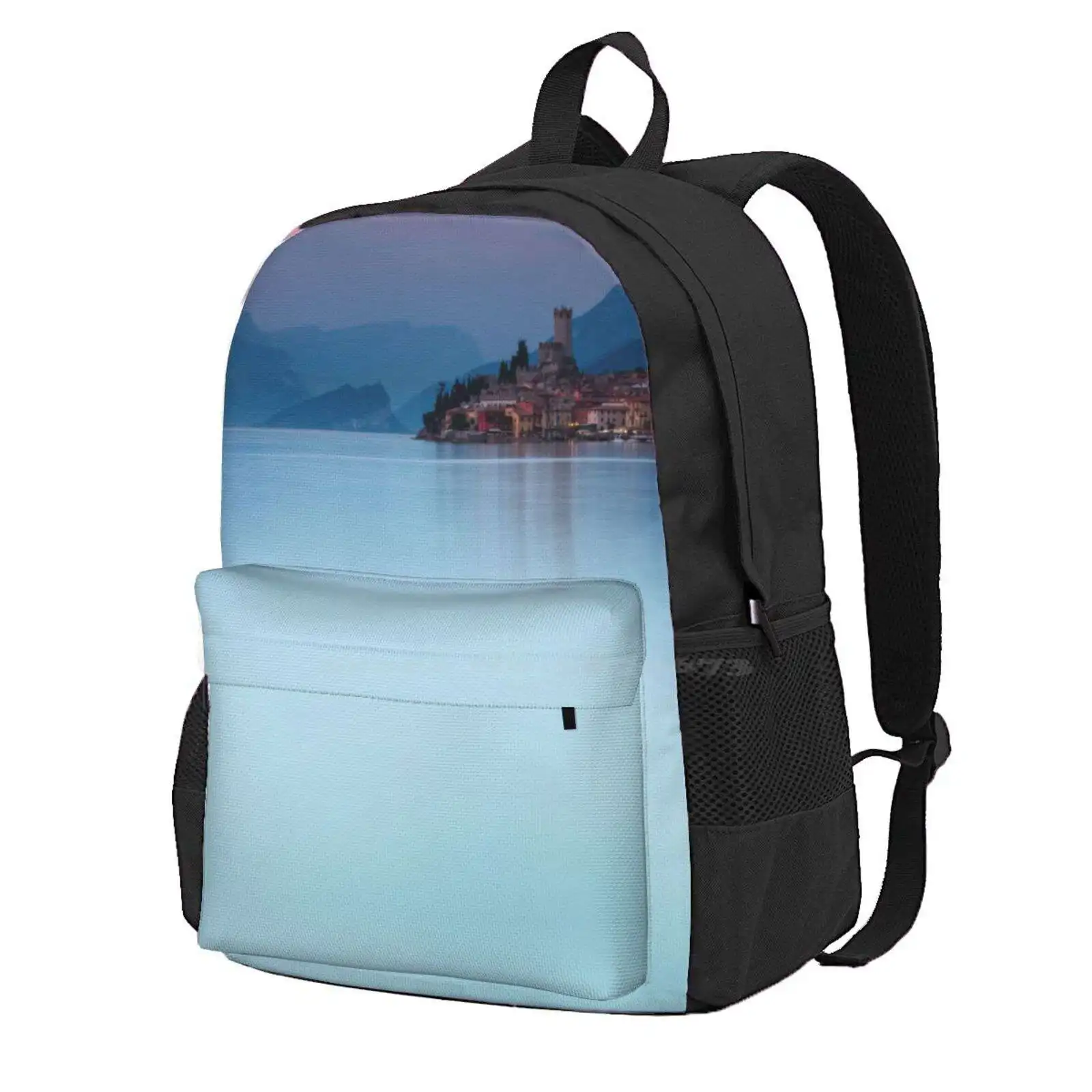 

Night Falls #1, Malcesine Italy Hot Sale Schoolbag Backpack Fashion Bags Malcesine Castle Lake Garda Glass Lake Lake