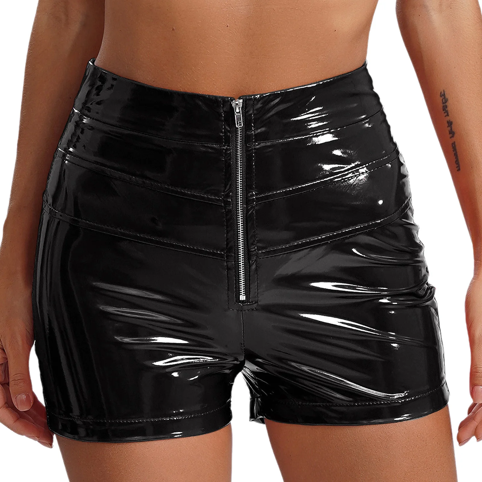 Damen-Shorts aus Kunstleder im Wet-Look für Pole-Dance, hohe Taille, Reißverschluss vorne, dehnbare Shorts, Booty-Shorts für Motorrad-Raves