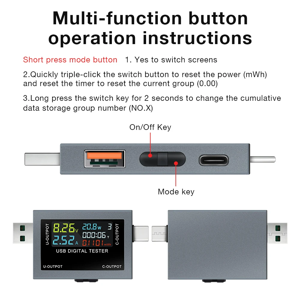 USB Type-C Charging Tester DC 4.5-50V 0-8A Multi-function Digital Display Voltmeter Ammeter Power Meter Charge Capacity Tester view 4