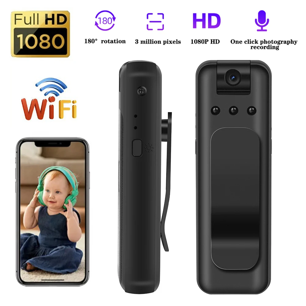 1080P HD Mini Camera Portable Recorder Outdoor Sports Photography Night Vision Camera 180° Rotating Camera support 128G TF Card