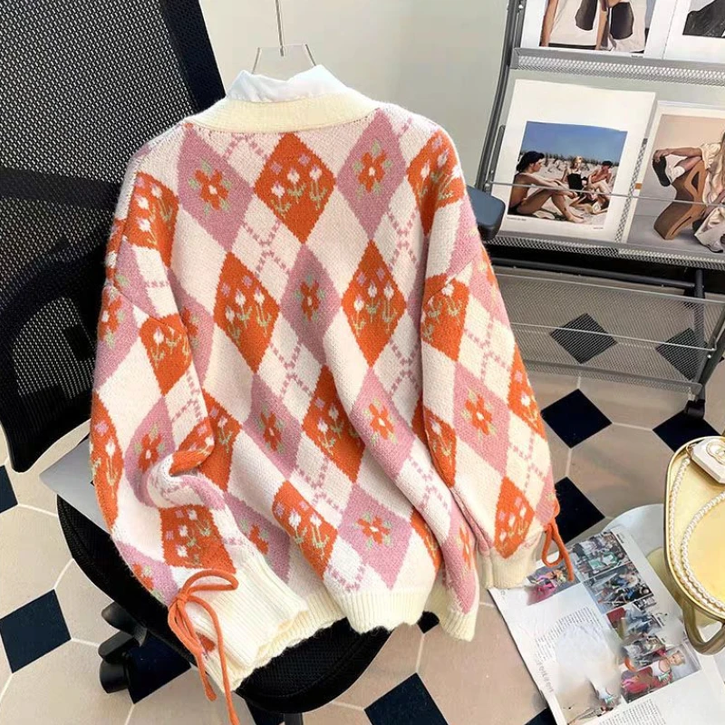 Oversized Chinese Styl Sweaters Button Argyle Long Sleeve Knit Cardigan 2023 Autumn Lazy Style Loose Vintage Women's Clothing