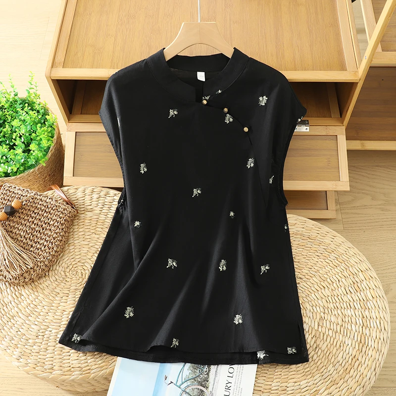 

Summer New Sle Chinese Stand Collar ort Sve Embroidered Cotton Linen irt Artistic Wind Top Women's Premium Quali B...