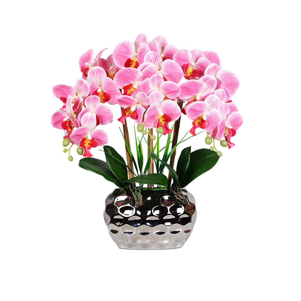 Artificial Orchid Bonsai with Vase Phalaenopsis Real Touch Faux Plants Arrangements for Living Room Home Decor Pink