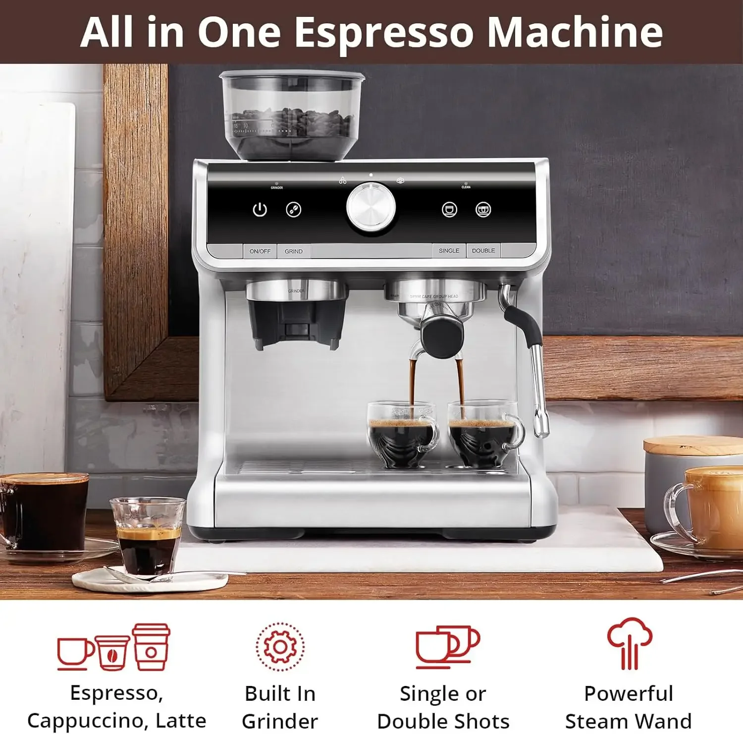 Machines Brushed Stainless Steel, Professional Espresso Maker with Milk Frother Steam Wand, 2.8L Tank, for Capp